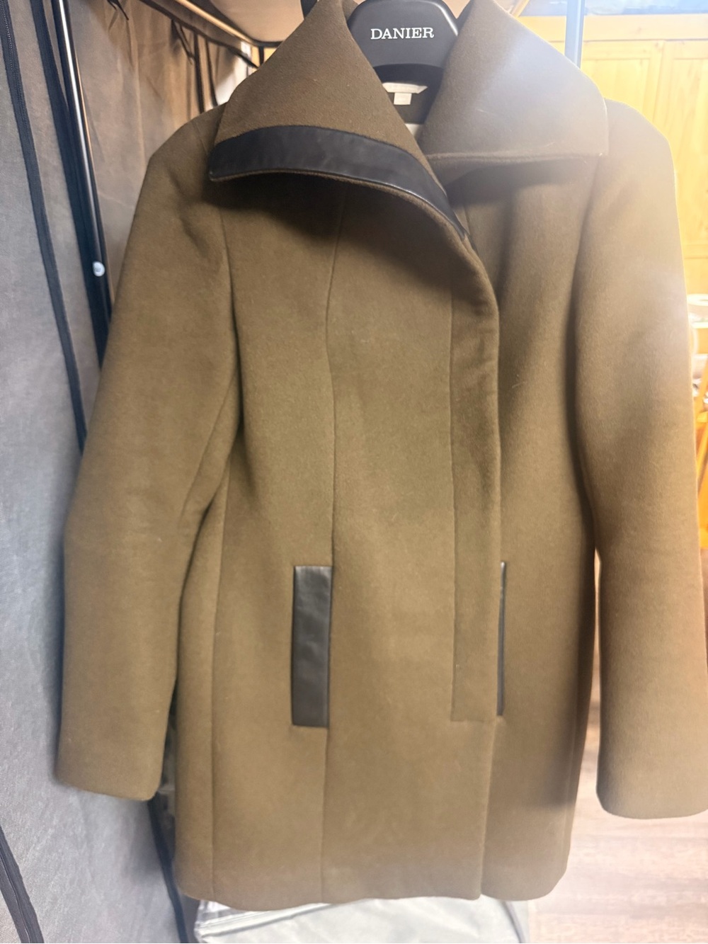 Soia & Kyo Olive Green Wool Pea Coat with Black Trim